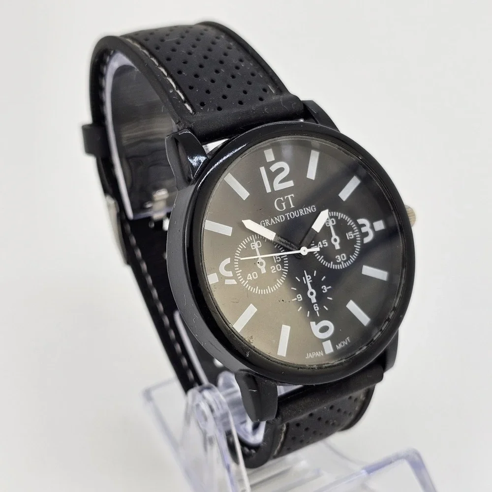 Men's Watch 44MM Black Dial Black‎ Plastic Bands New Battery